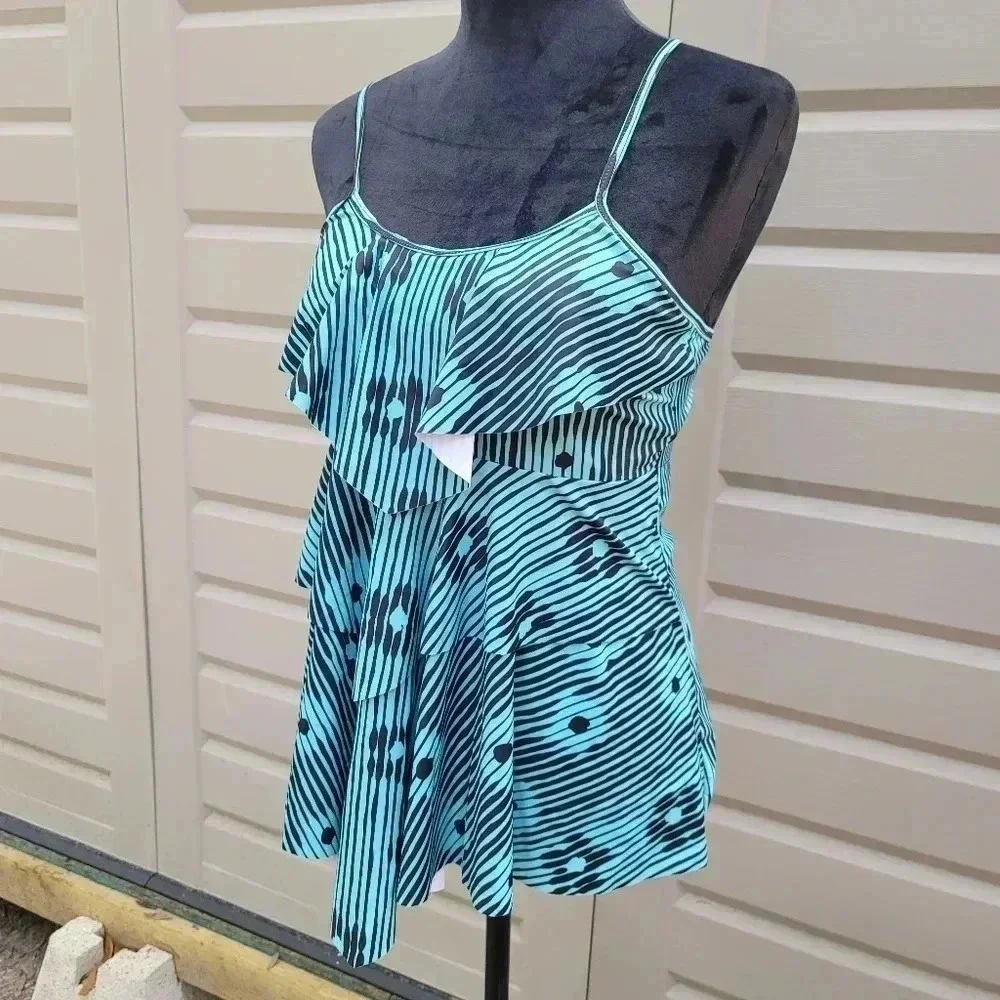 Womens Green Black Layered Ruffle Tankini Swim Top Sz Medium M